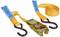 An orange lashing strap with a ratchet and hook is laid out. A blue safety label is attached.