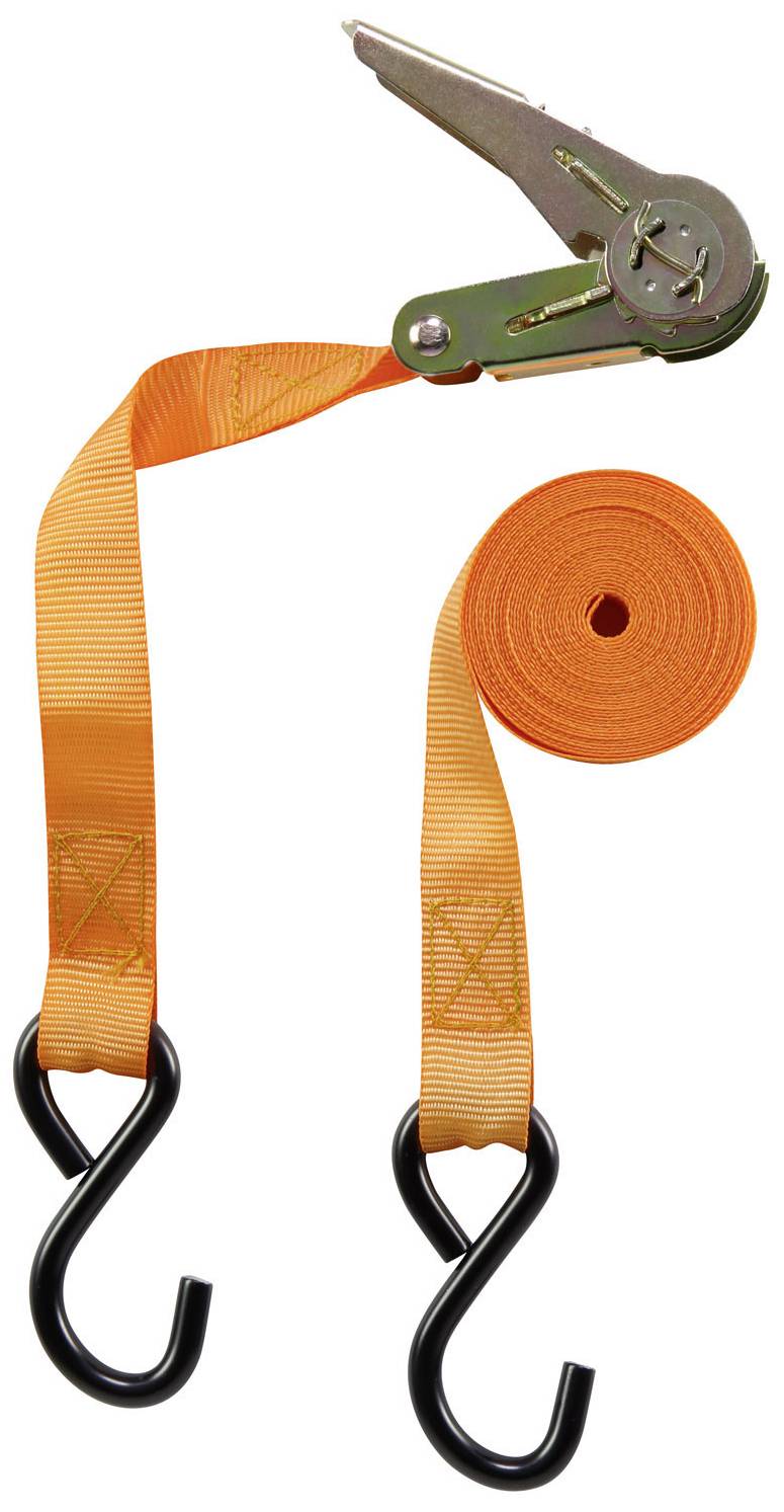 'An orange tension strap with a ratchet and two hooks. The strap is partially rolled up. Suitable for securing items.'