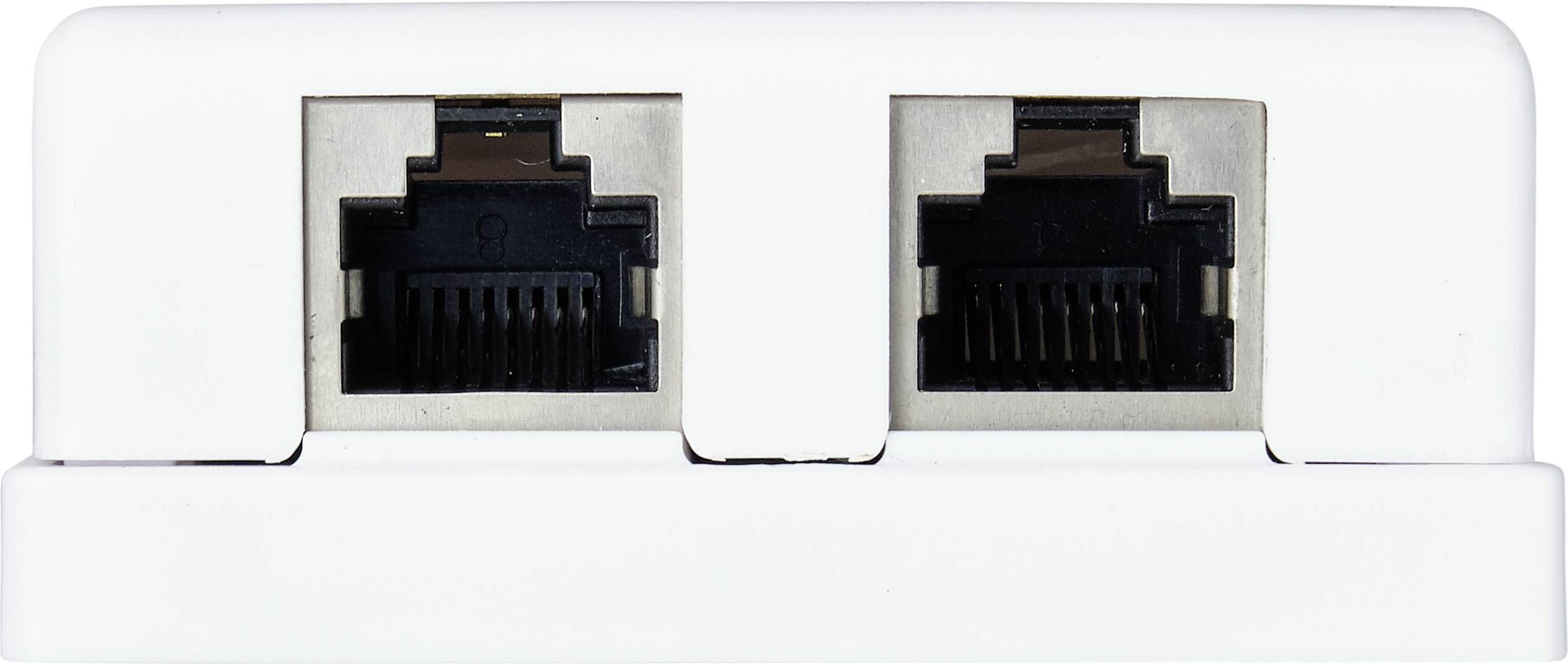 A white network connection with two Ethernet ports, suitable for connecting computers and network devices.