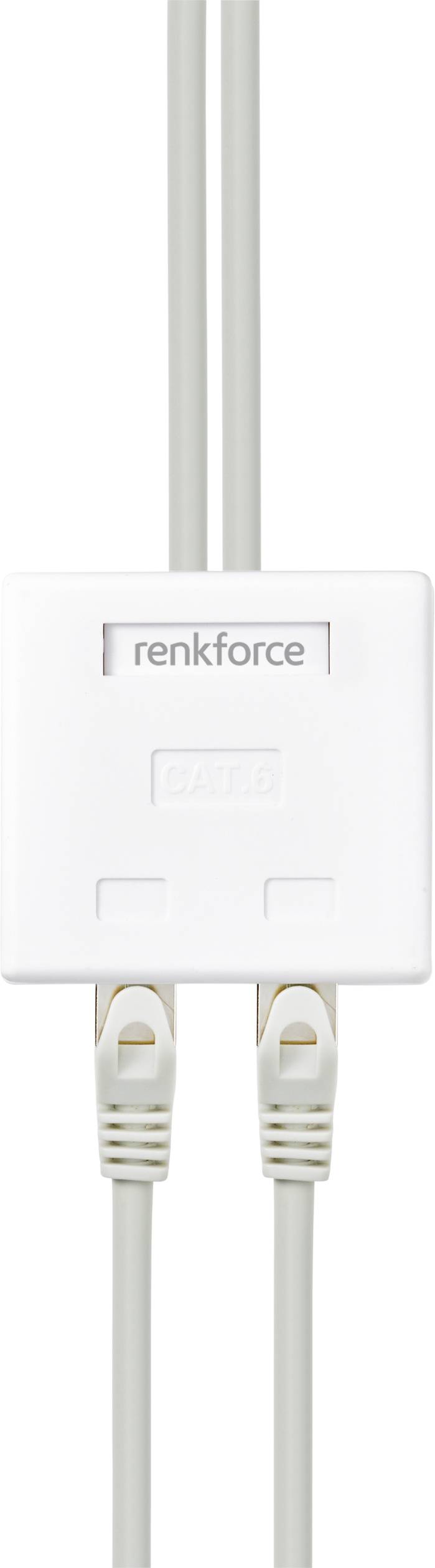 A white internet distributor by the brand 'Renkforce' with two connected grey Ethernet cables.