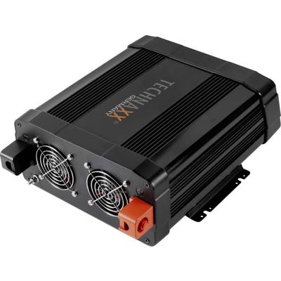 Black electric voltage converter with fans and connections. Suitable for converting direct current to alternating current.
