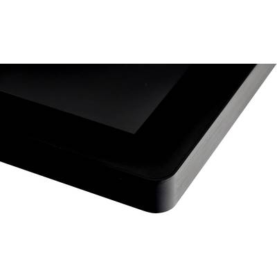 A black, glossy corner of an electronic device, likely a screen or tablet, in close-up.