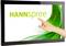 A finger points at a monitor displaying the green 'HANNspree' logo on a white background, with a green wave beside it.