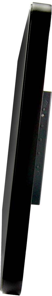 A side view of a flat, modern computer monitor with a black frame, wall-mounted.