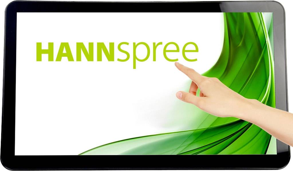 Tablet with a start screen displaying the Hannspree logo. A hand touches the screen to operate the device.