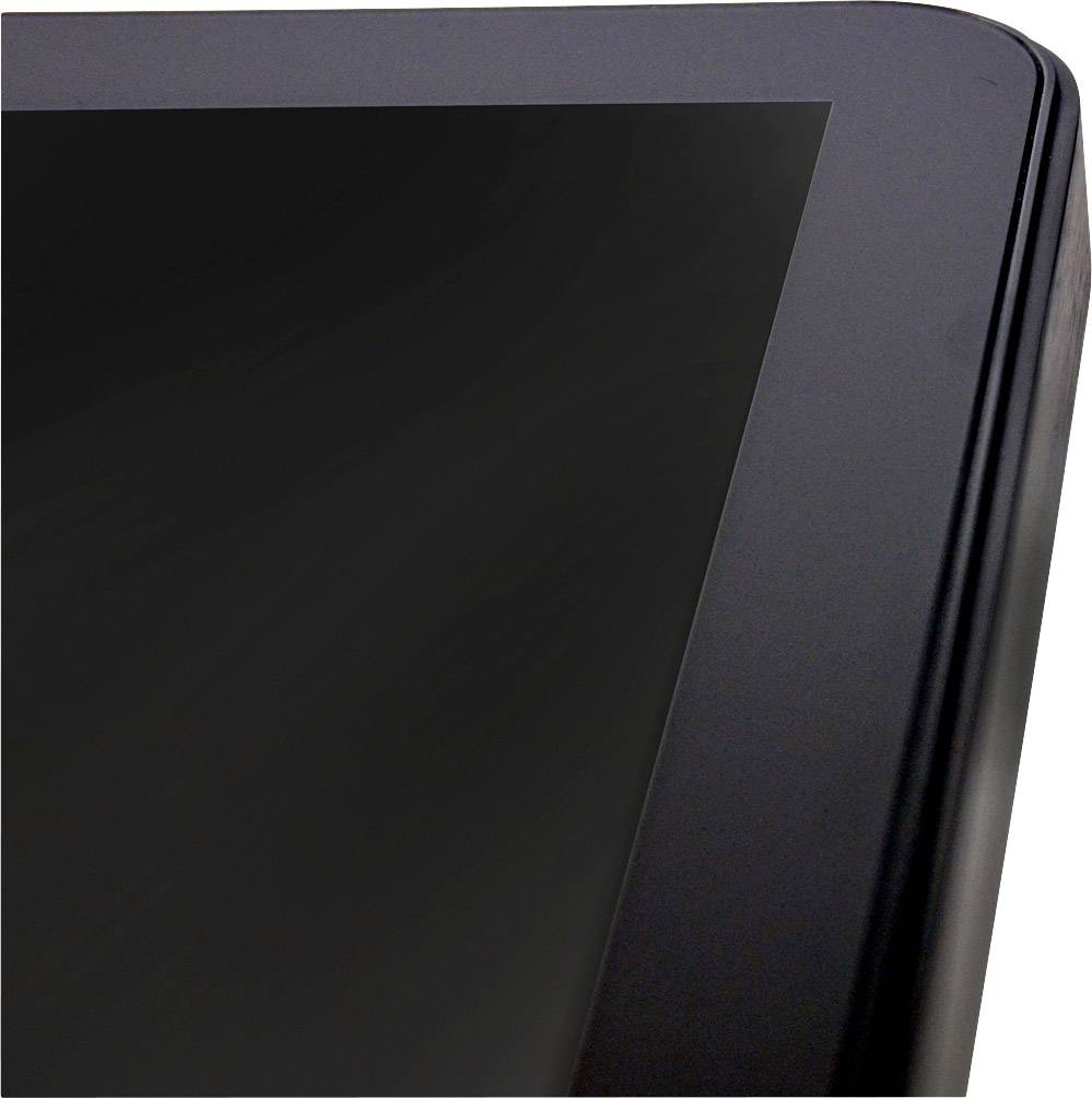 'A close-up of the top right corner of a black tablet with a glossy screen and rounded edges.'<br><br>Note: This translation is already in British English, so no significant changes were required.