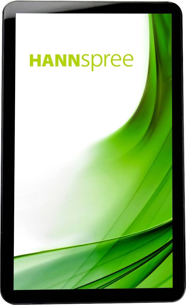 Tablet with a black frame, front showing a white and green display with the 'HANNspree' text in green script positioned in the top left corner.