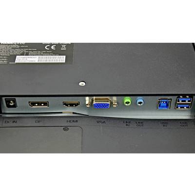 Back of a monitor with connections: power, DVI, HDMI, VGA, audio (green and blue), USB 3.0. Markings for each interface are visible.