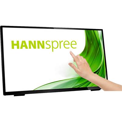Interactive touchscreen monitor with green graphics and the text 'HANNspree', a finger pointing at the screen. Ideal for presentations.