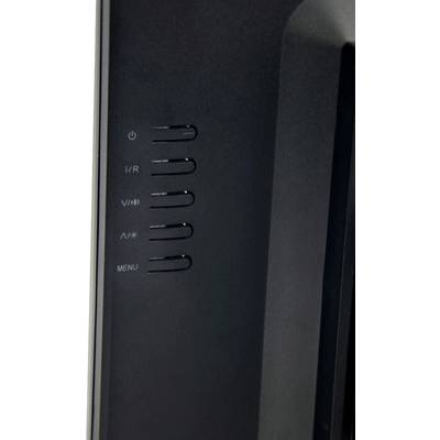 A row of five buttons arranged side by side on the side of a monitor, labelled 'Power', 'I/R', 'V/+', 'A/-' and 'Menu'.