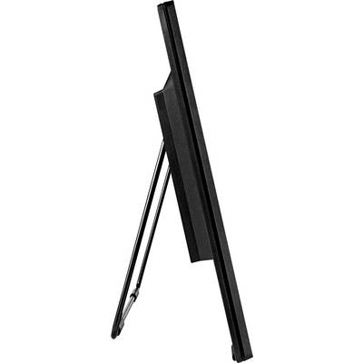 Side view of a modern black computer monitor with stand. Minimalist design, thin bezel.