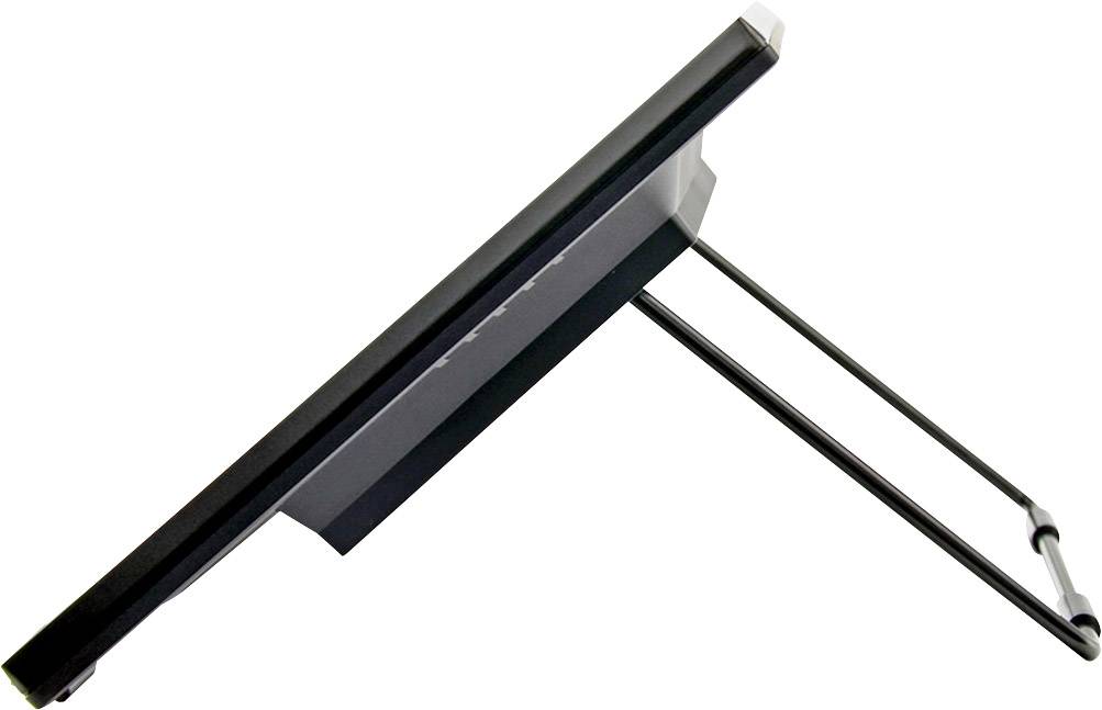 'Black solar panel, side-mounted, with two support legs for angle adjustment.'