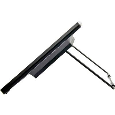 'Black solar panel, side-mounted, with two support legs for angle adjustment.'