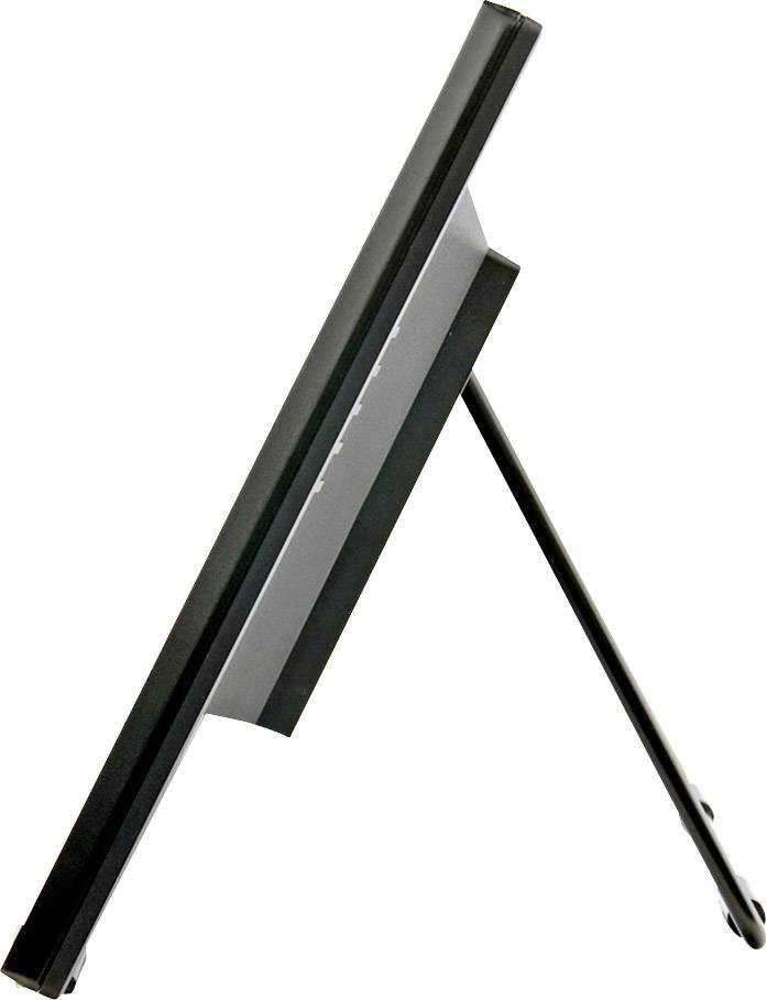 Side view of a black digital photo frame with a fold-out stand.