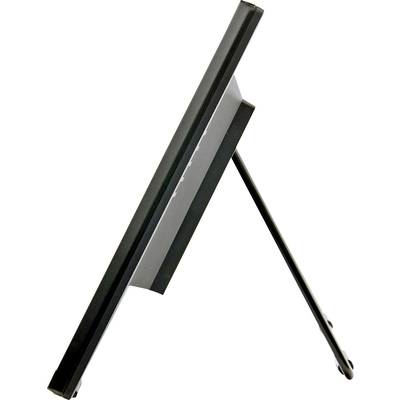 Side view of a black digital photo frame with a fold-out stand.