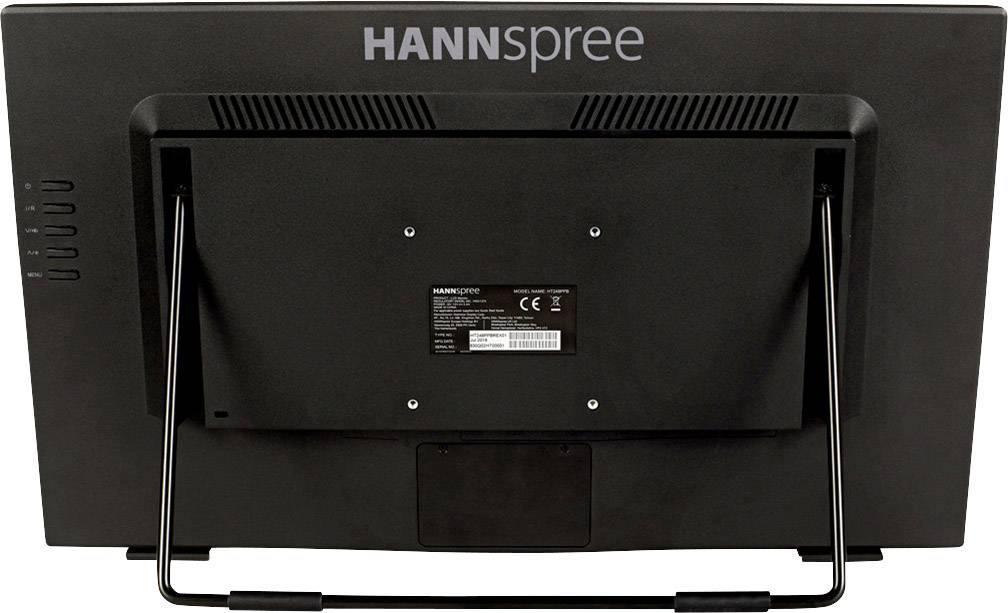 Rear view of a HANNSPREE monitor with stand, ventilation slots, and device information on the back.