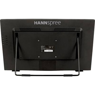 Rear view of a HANNSPREE monitor with stand, ventilation slots, and device information on the back.