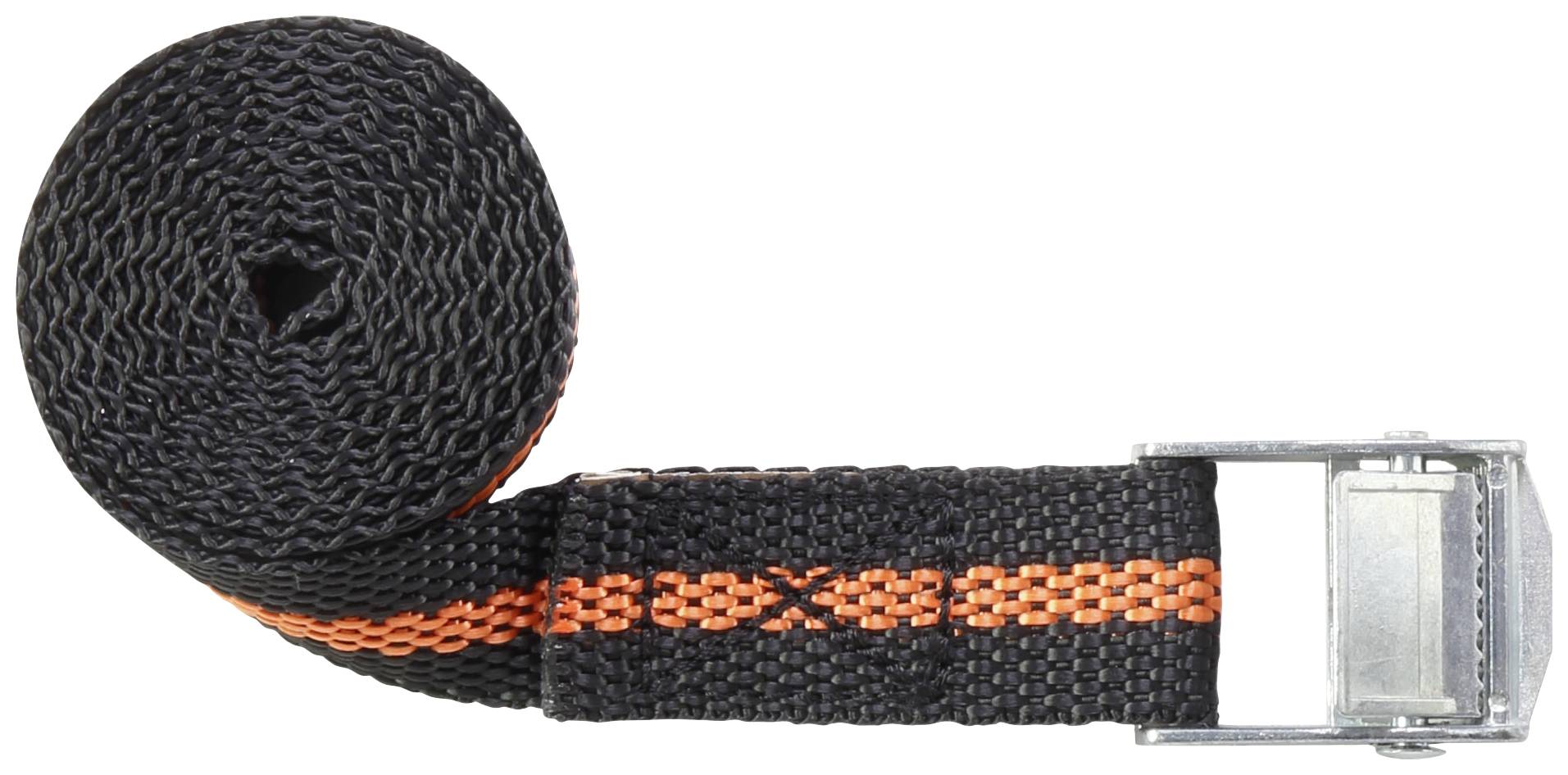 A coiled black tension strap with an orange stripe and metal buckle demonstrates a transport or securing application.