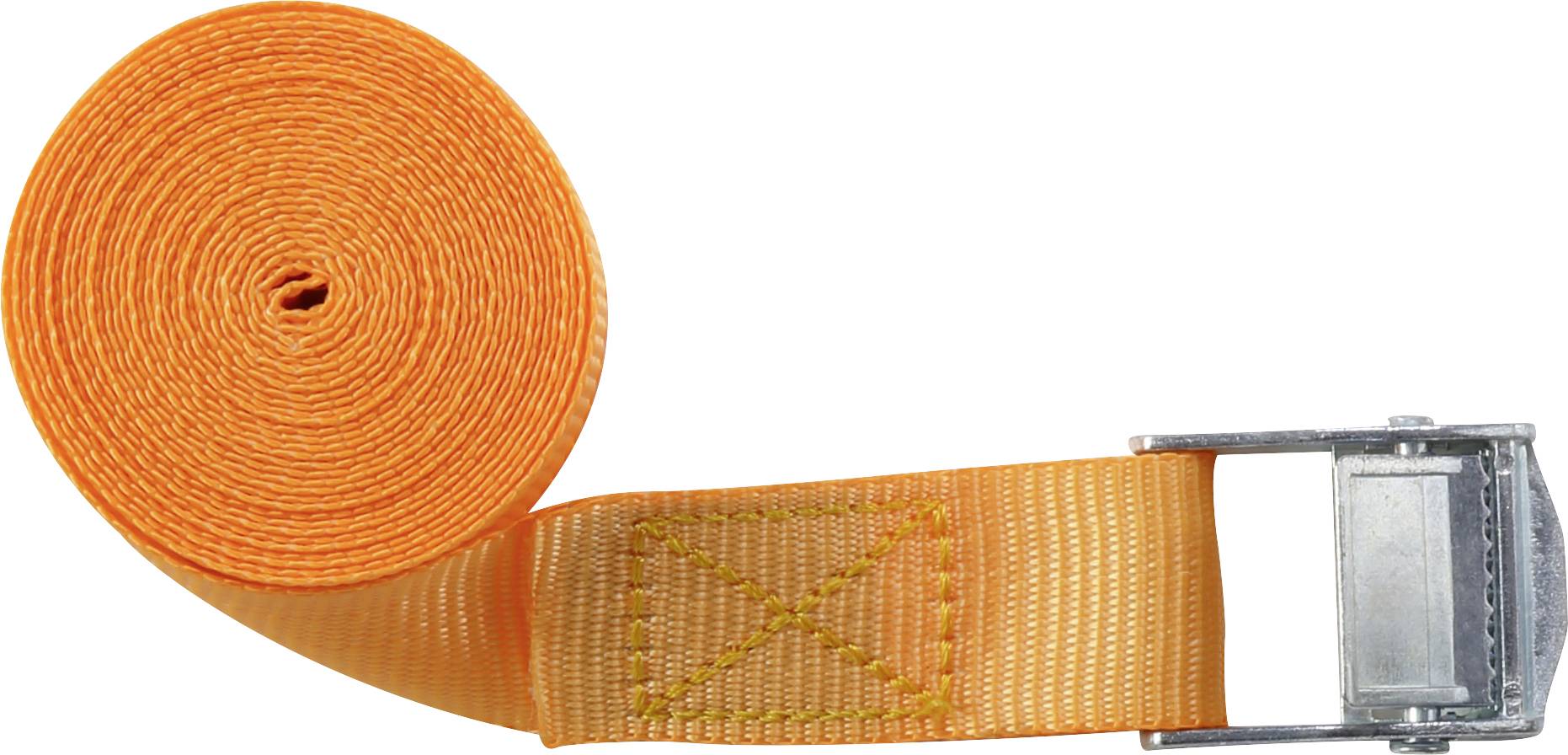 Orange tension belt with metal buckle, shown rolled up.