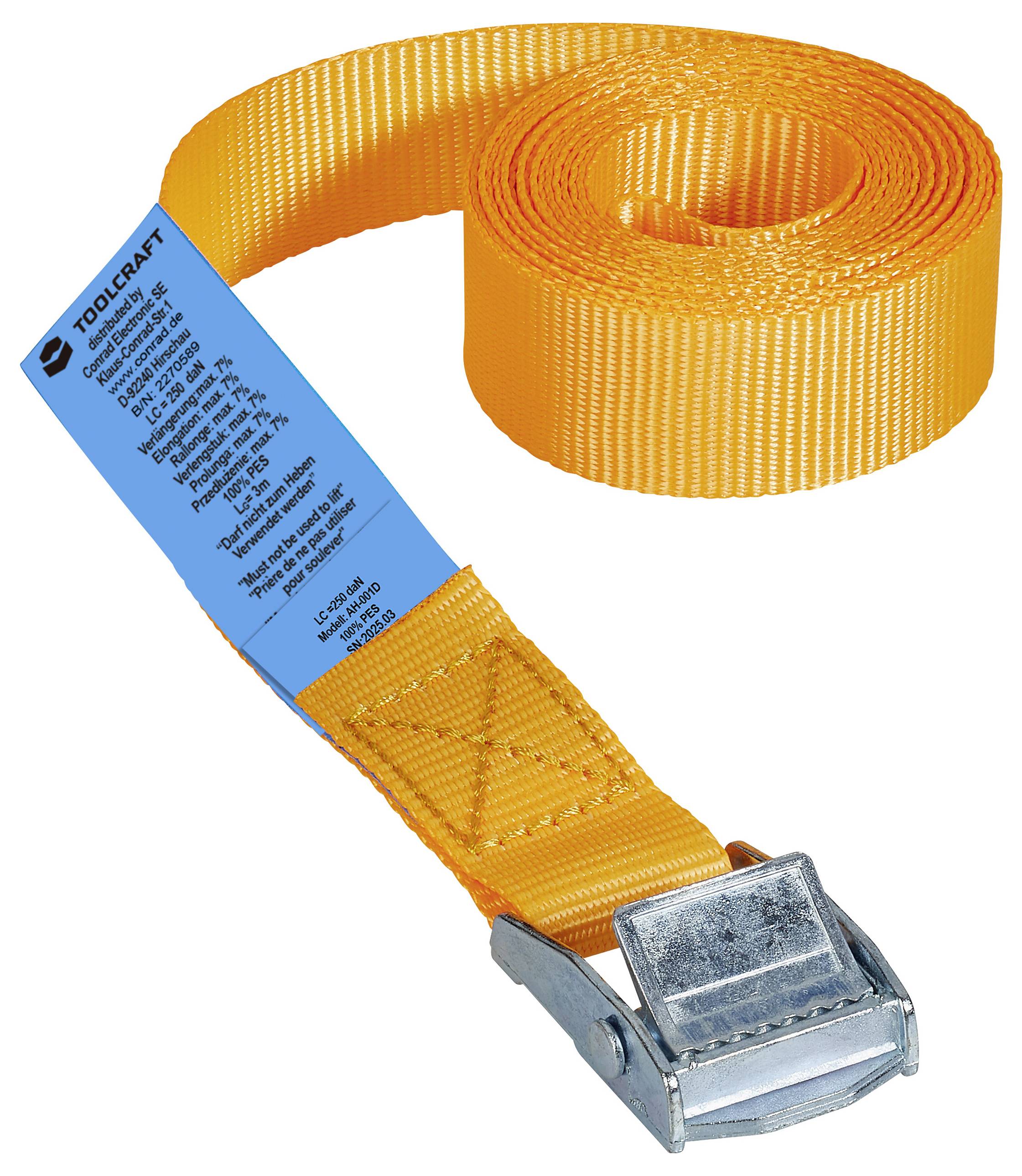 An orange ratchet strap with a metal buckle; a blue label stitched on with product information.