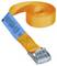 An orange ratchet strap with a metal buckle; a blue label stitched on with product information.