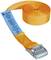 An orange tension strap with label and metal buckle, suitable for securing loads. The blue label displays safety information.