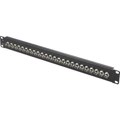 Patch panel with 24 BNC ports in a single row. It is used for organising and connecting video cables in a network.<br><br>Note: The translation is to British English, so spellings like "organising" are used instead of the American "organizing".