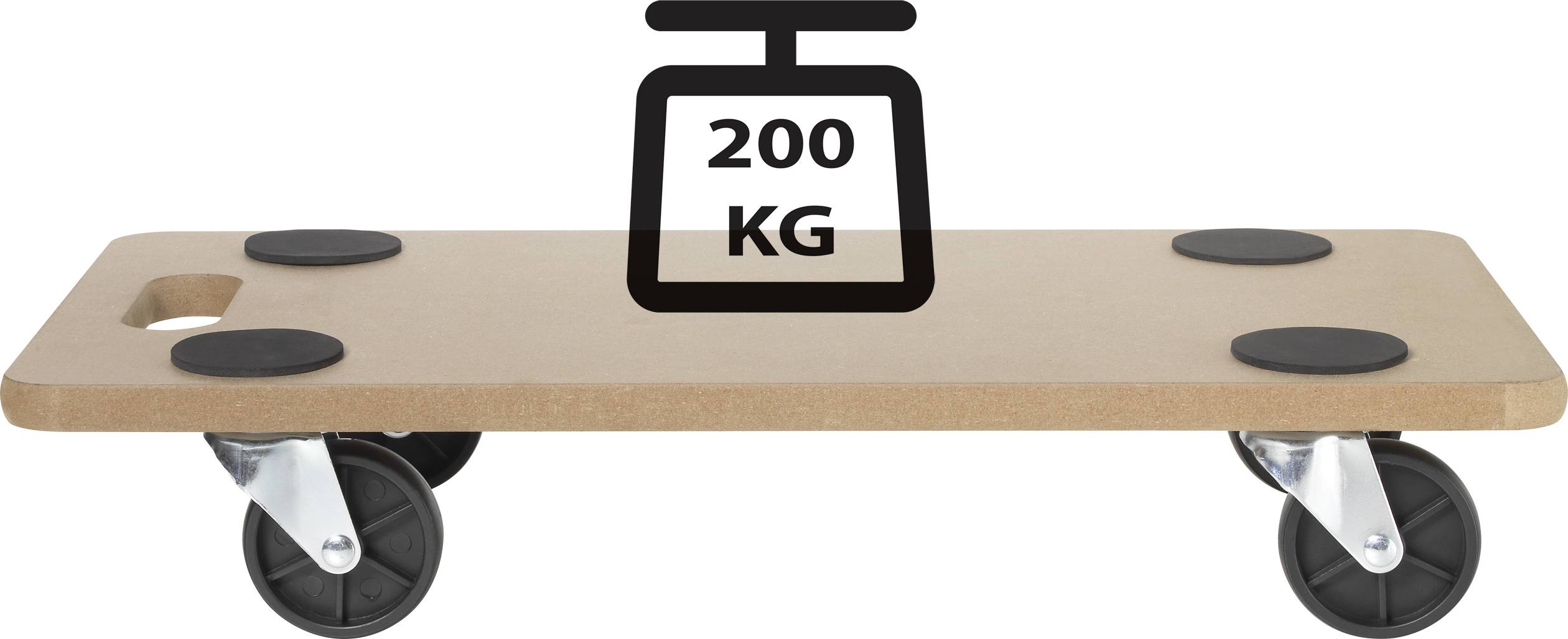 Trolley with four black wheels, suitable for loads up to 200 kg.
