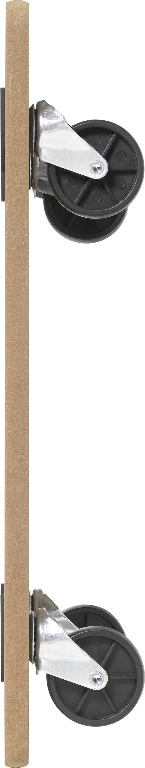 A wooden board with two black swivel castors on the underside, making it mobile.