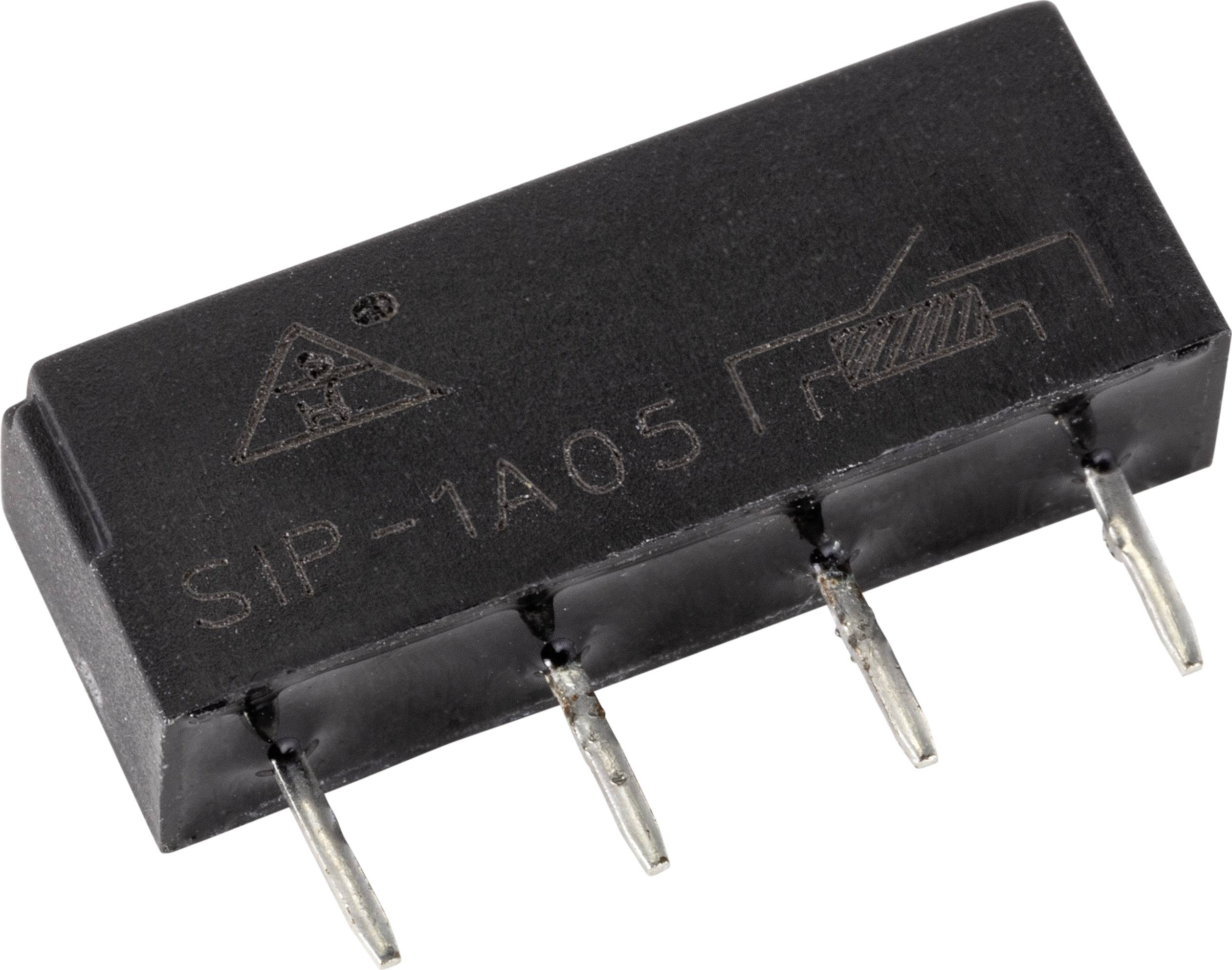 'Black SIP-1A05 relay module with four connection pins, with a hazard symbol and a circuit symbol on the surface.'