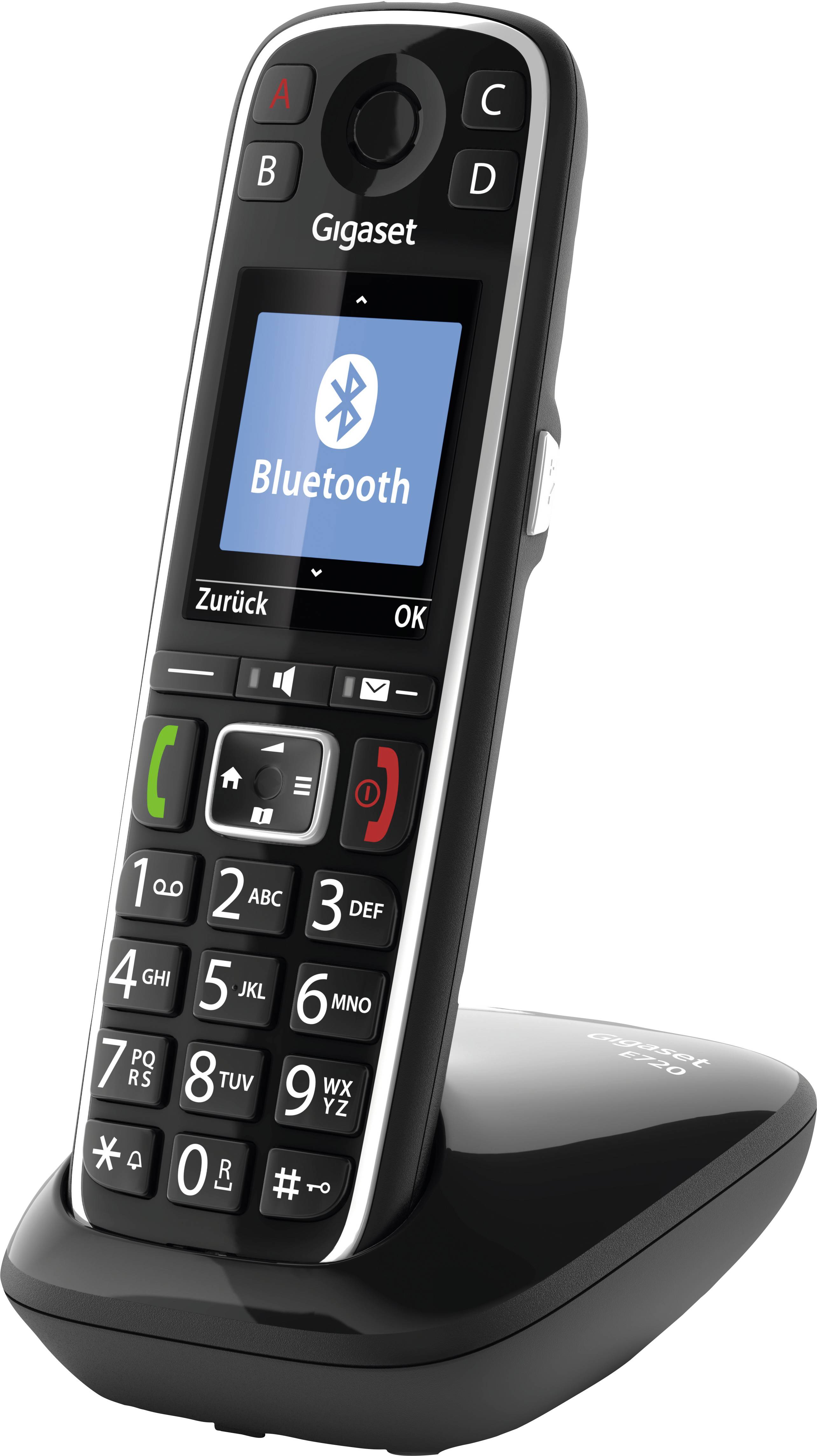Cordless DECT phone on charging station with Bluetooth functionality, black design, large buttons, display showing the Bluetooth symbol.