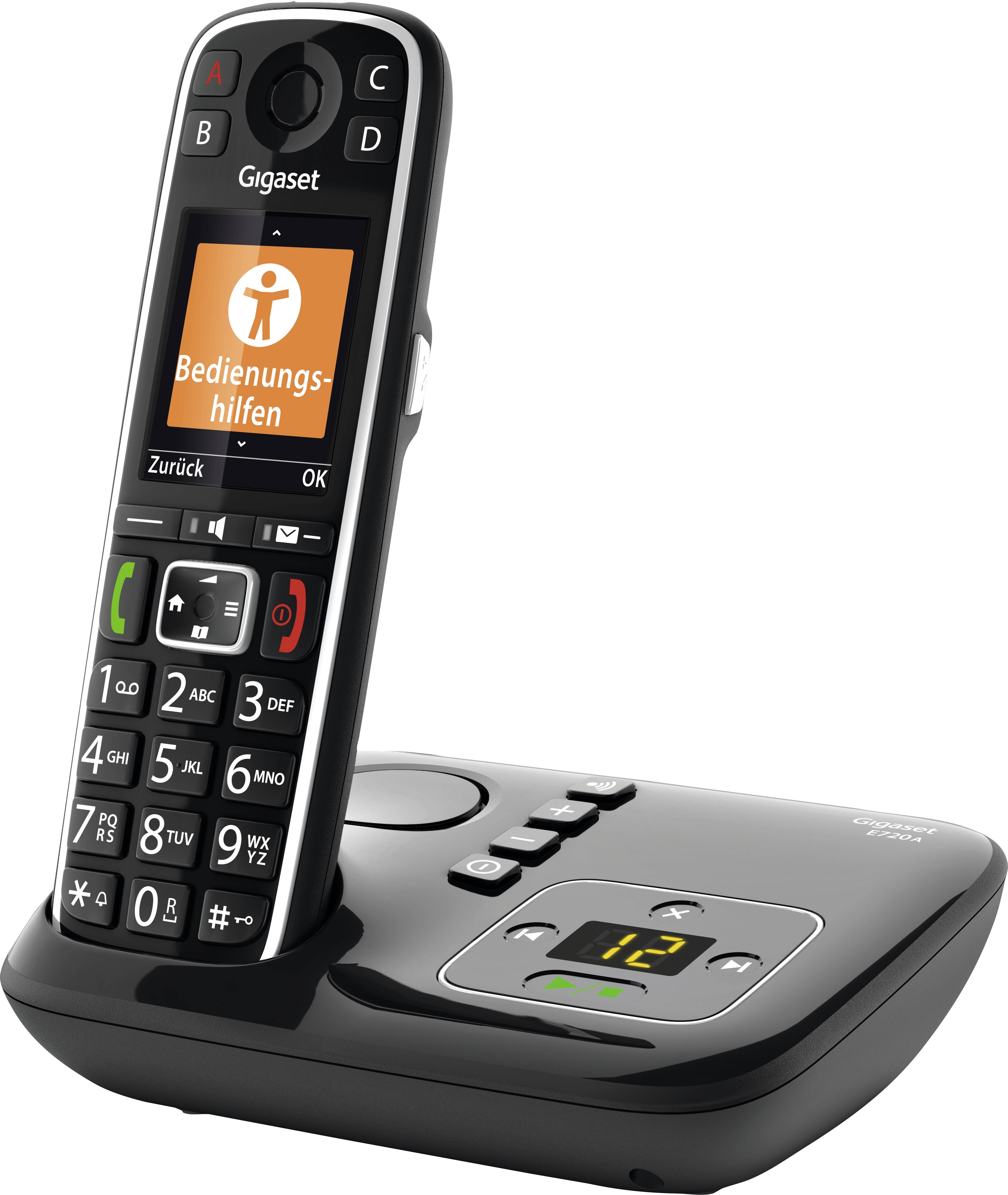 Cordless telephone with base station, large display and large buttons. Display shows 'Accessibility Features'.