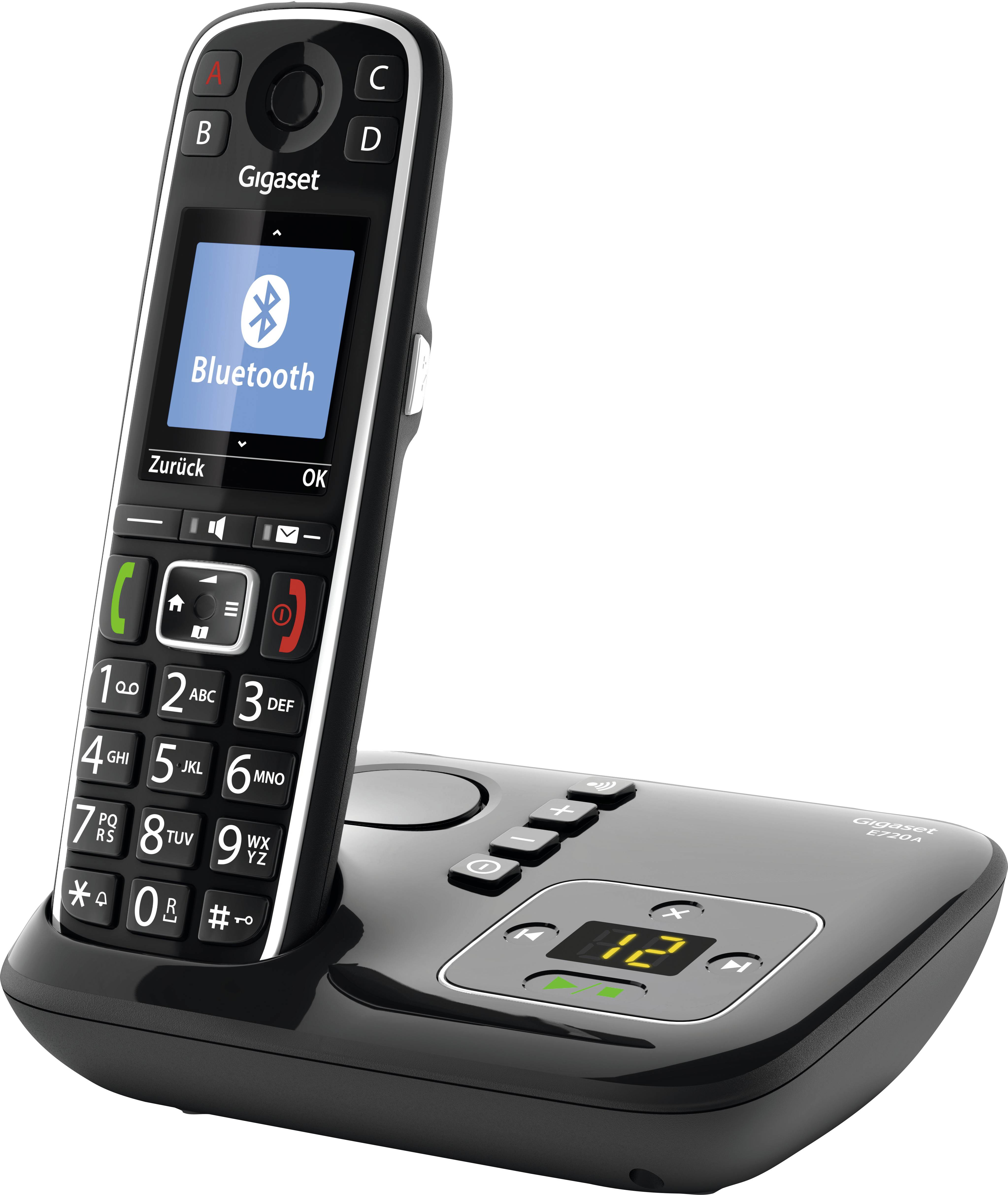 A black cordless telephone with base station, display showing 'Bluetooth'. Buttons clearly marked, suitable for home use.