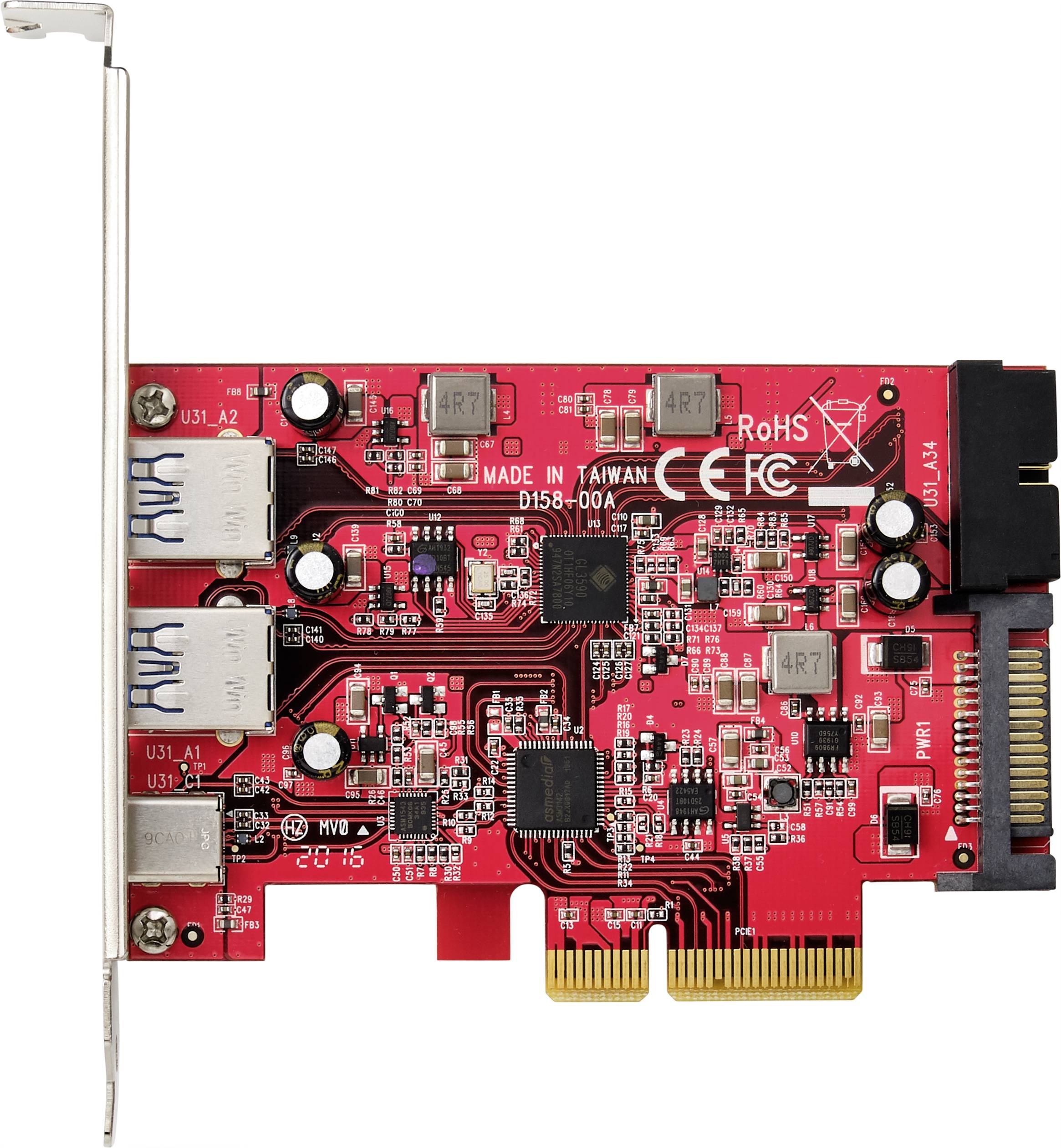 A red PCIe expansion card with multiple ports and electronic components, suitable for use in a PC.