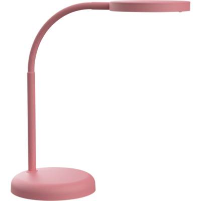 A pink desk lamp with a round base and flexible neck, perfect for desk lighting.