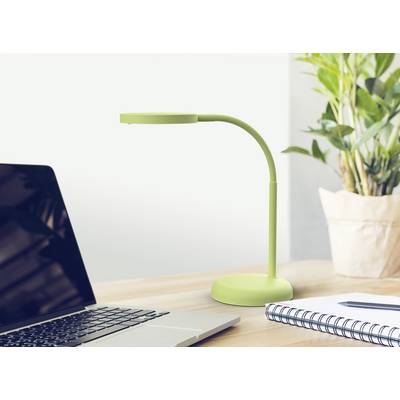 A green table lamp sits on a desk next to a laptop, a plant and a notebook.