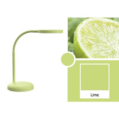 A green table lamp next to a halved lime image. Beneath it, a colour square in lime green with the word 'Lime'.