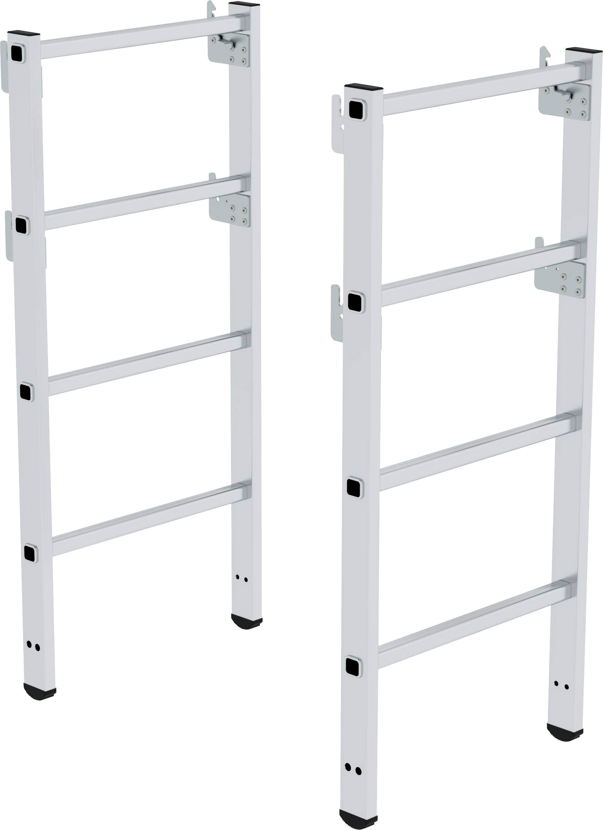 Two metal ladders with three rungs, standing upright. Suitable for use in households or workshops.