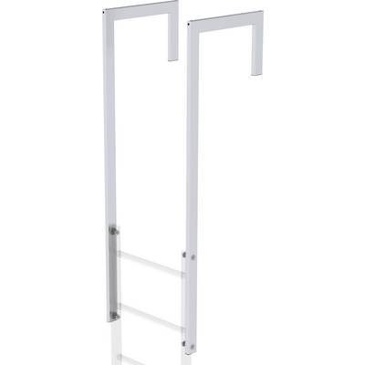 A white, rectangular metal frame with two vertical supports and a horizontal crossbar, likely for assembly purposes.