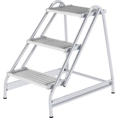 Metal step ladder with three steps. Curved brackets provide additional support and stability. Ideal for industrial use.