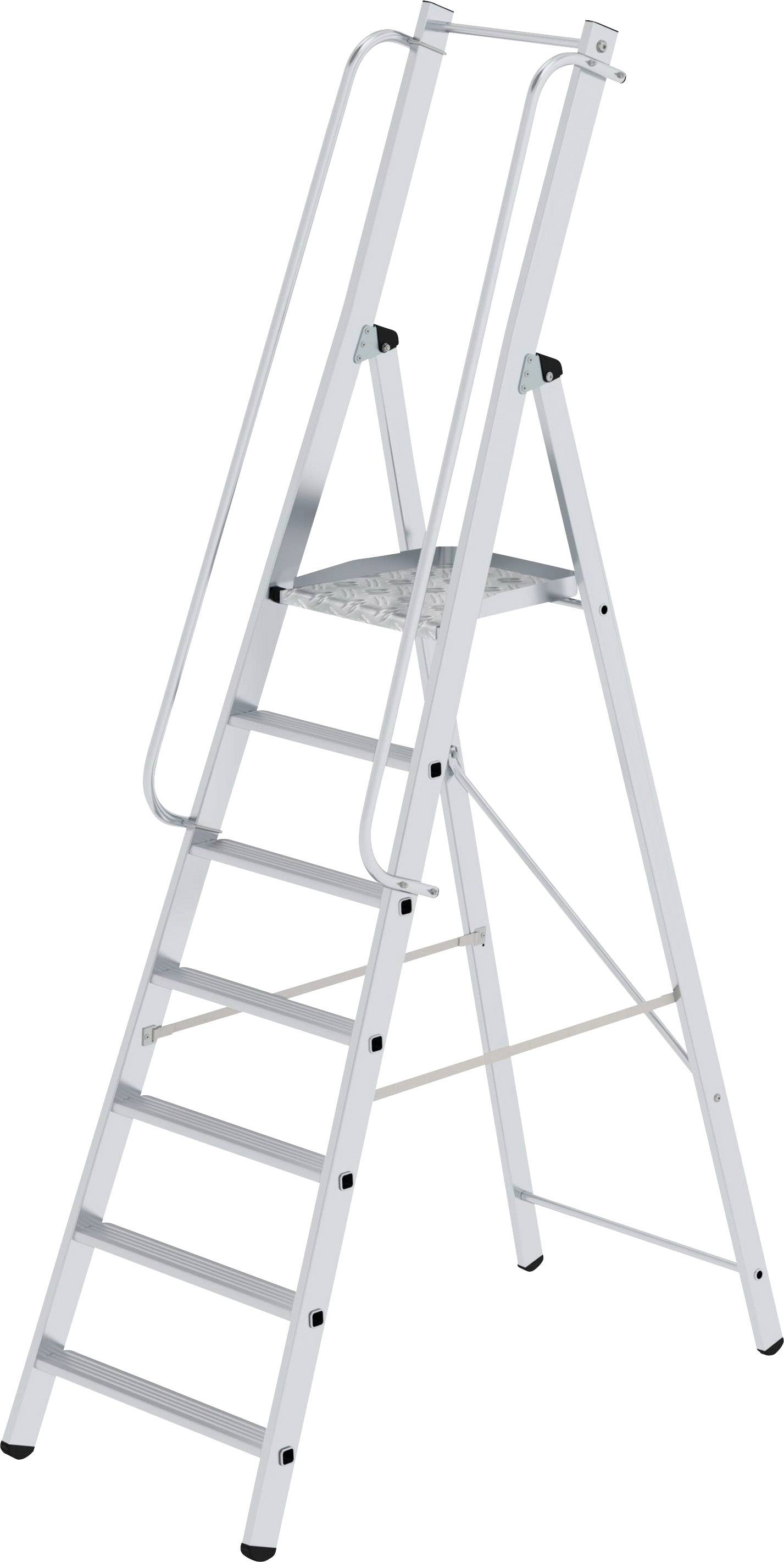 Silver ladder with seven steps and an upper platform area. Side handrails provide additional support.
