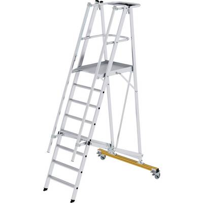 'Aluminium step ladder with platform, eight steps, and wheels for easy mobility, suitable for use in warehouse or workshop.'