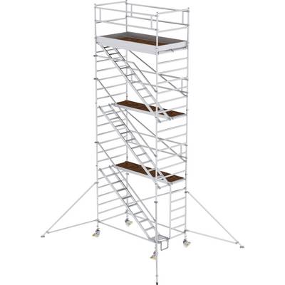 High aluminium scaffolding with four platform levels and angled access points. Mobile on castors, with side stabilisers.
