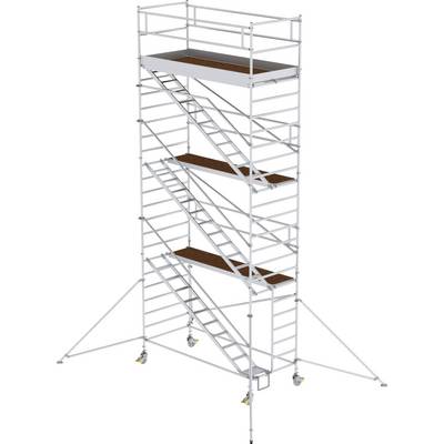 'Mobile scaffold with multiple vertical levels, braces and wheels, suitable for construction or repair work at great height.'