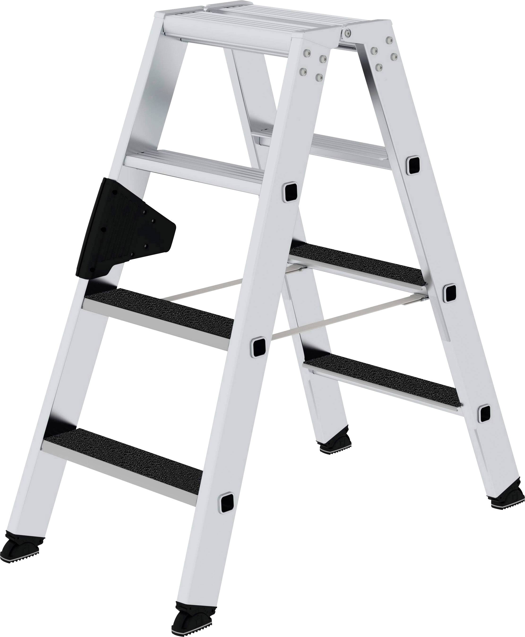 A grey folding ladder with four steps on each side, non-slip feet and black treads. Suitable for DIY tasks.