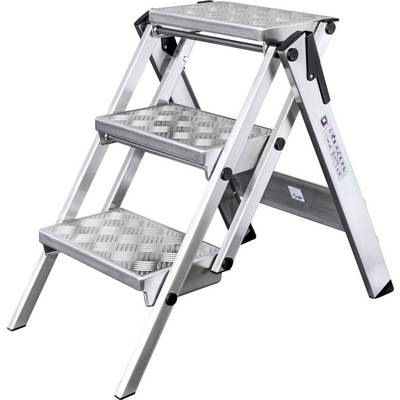 A silver, three-stage folding ladder made of metal with non-slip treads, suitable for DIY enthusiasts and professional use.
