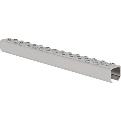 Long grey metal profile with rounded corners, featuring round recessed holes at the top, suitable for industrial applications.