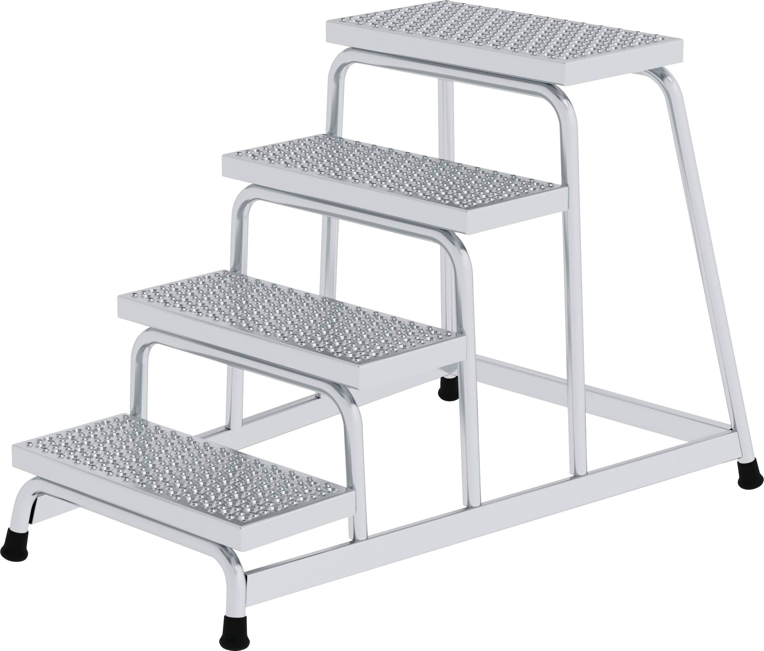 Four-stage metal step ladder with non-slip treads, suitable for safely reaching higher areas.