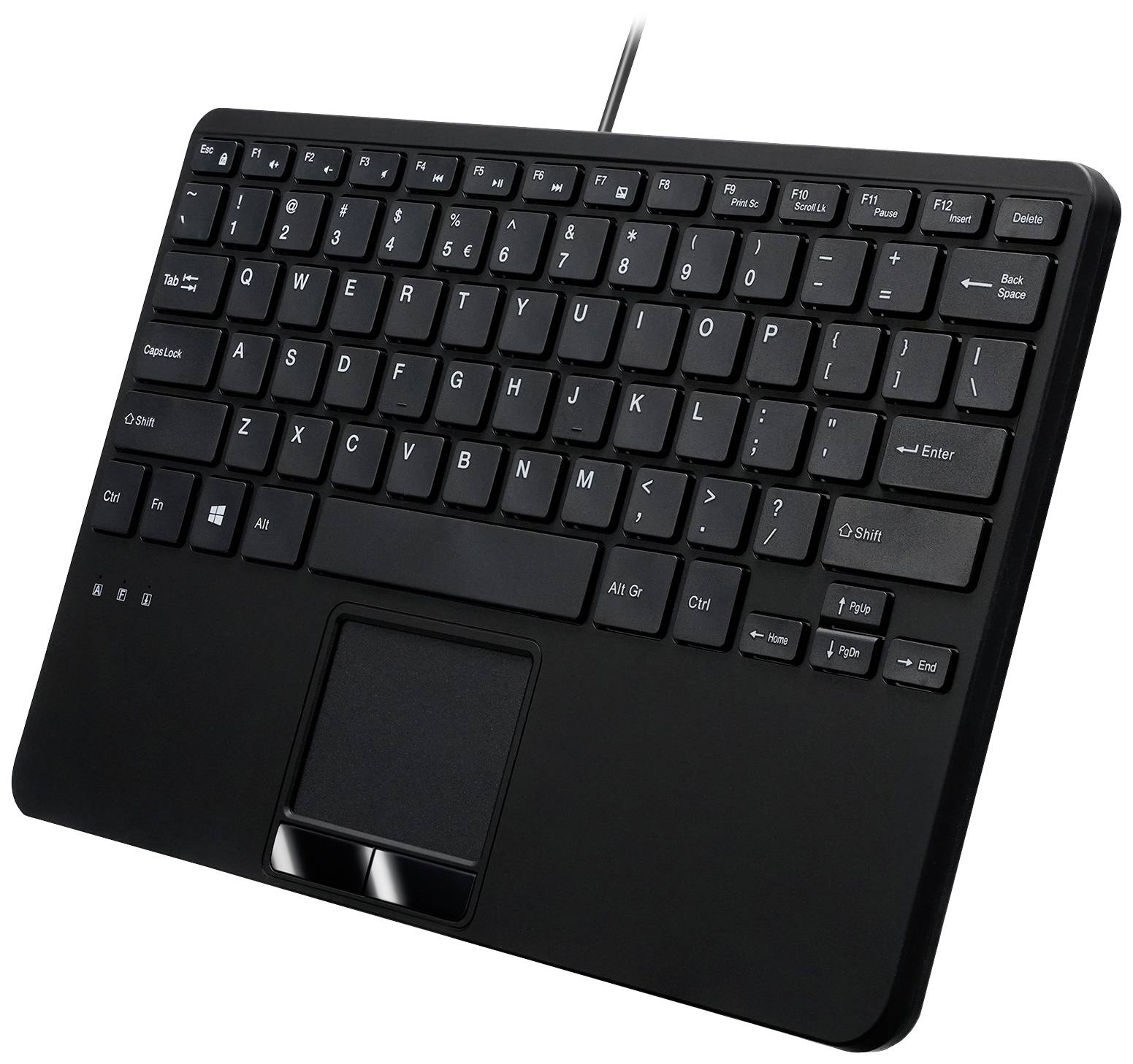 Black computer keyboard with integrated touchpad in the lower centre, complete with numeric keypad and function key row.