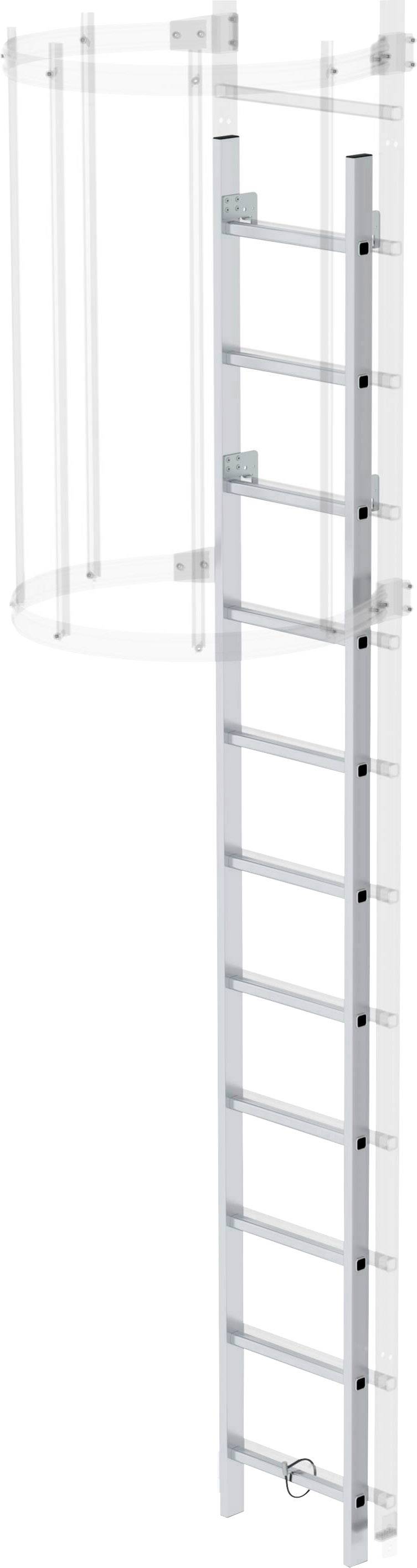 Silver aluminium ladder with safety cage and multiple rungs, suitable for industrial applications and accessing high areas.